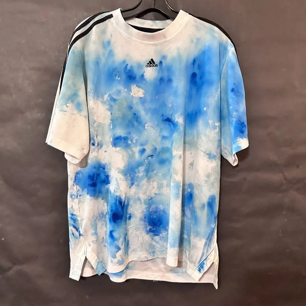 Adidas Sports Shirt XL 2XL Upcycled Blue White Watercolor Splatter Tie Dye Art